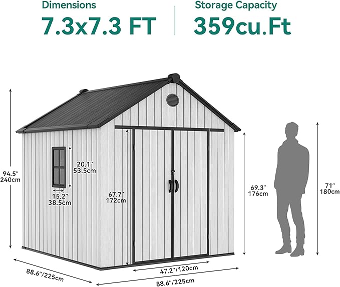 YITAHOME 8 x 8 ft Outdoor Plastic Storage Shed with Floor, Waterproof Garden Shed with Lockable Door, Windows & Vents, Plastic Tool Storage for Patio Furniture, Lawn Mower, Bike Storage