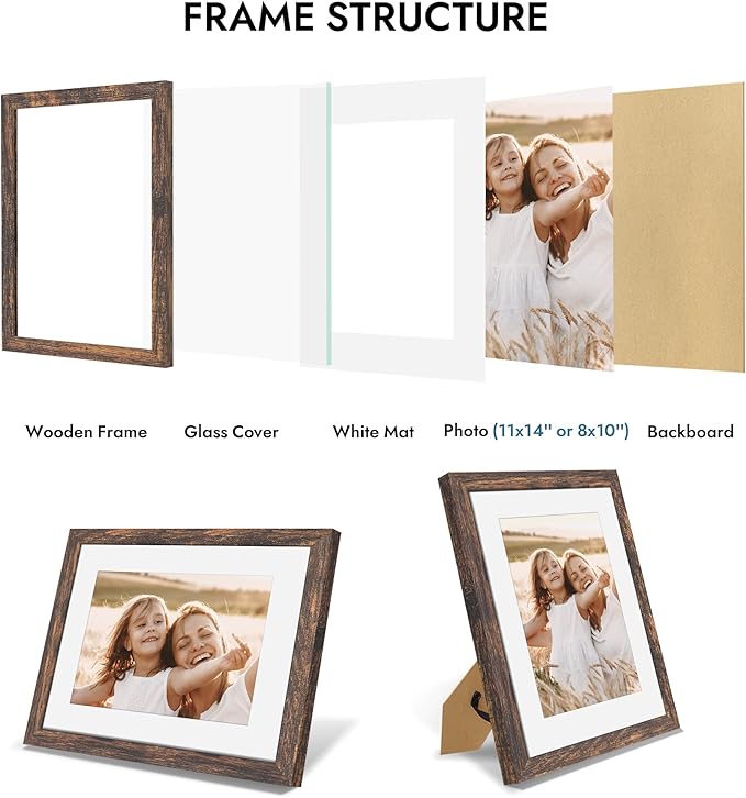 11x14 Picture Frame with Real Glass - 8x10 Wooden Frame with Mat, Horizontal and Vertical Display for Wall or Tabletop (Rustic Brown, 1 Pack)
