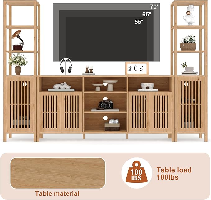 Entertainment Center with Bookshelves, Farmhouse TV Stand for 70 Inch TVs, TV Stands for Living Room w/Adjustable Shelves & Storage Cabinet, Modern Console Cabinet for Bedroom Home Theater