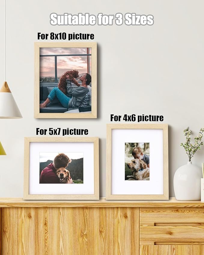 Egofine 8x10 Picture Frame Made of Solid Wood with Plexiglass, Display Pictures 4x6/5x7 with Mat or 8x10 Without Mat for Tabletop and Wall Mounting, Oak Wood