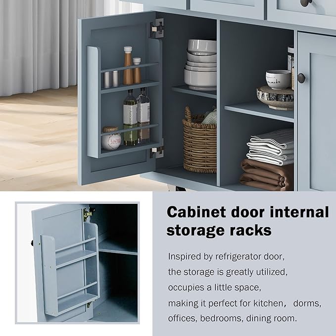 Rolling Kitchen Island Cart on Wheels with Drop-Leaf Cabinet Door Internal Storage Rack, 3 Drawers for Kitchen, Dining Room, Living Room, Home Bar, Bathroom 53.1"W*29.5"D*37.2"H Grey Blue