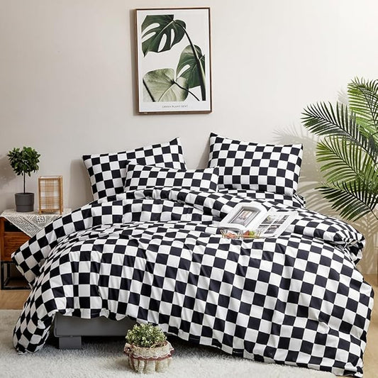 CLOTHKNOW Black White Plaid Queen Comforter Set 3Pcs Grid Bedding Comforter Sets Soft Checker Geometric Queen Comforter with 2 x Pillow Cases