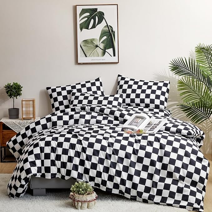CLOTHKNOW Black White Plaid King Size Comforter Set 3Pcs Grid Bedding Comforter Sets Soft Checkered Comforter Black White Comforter with 2 x Pillow Cases