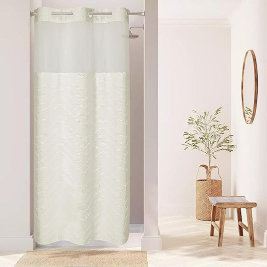 No Hook Boho Farmhouse Shower Curtain with Snap-in Fabric Liner set-36Wx74H(72H),Cream Tufted Chevron Striped Hotel Grade Cloth Shower Curtains for Bathroom with Window,Water Repellent