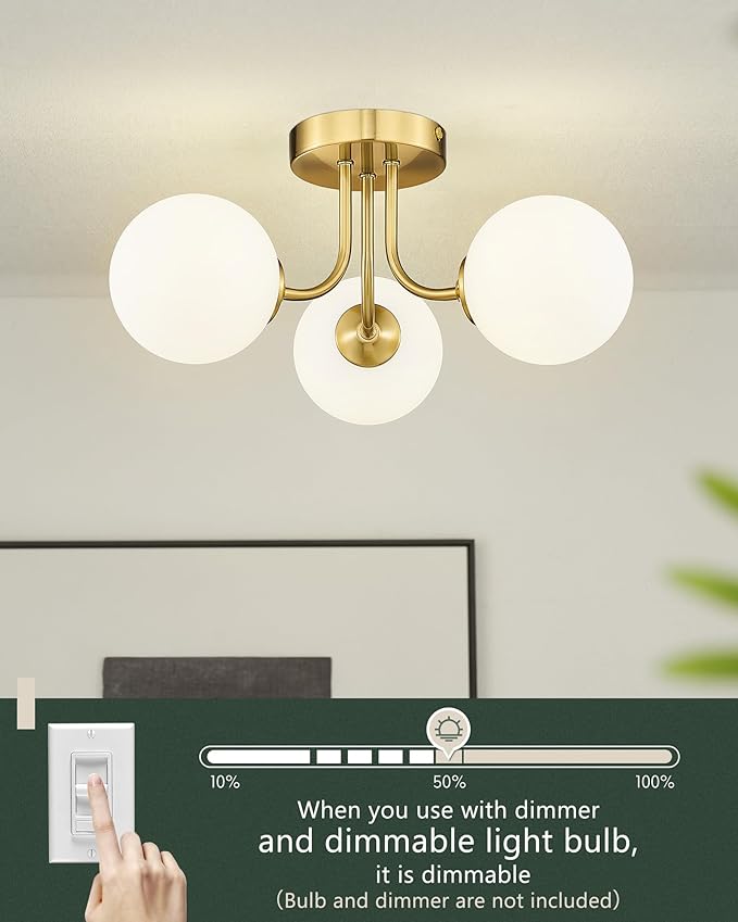 3-Globe Gold Semi Flush Mount Ceiling Light in a Modern Farmhouse Design is Ideal for Living Rooms, Bedrooms, or Dining Rooms. Model:CKCL4845-3W-PG