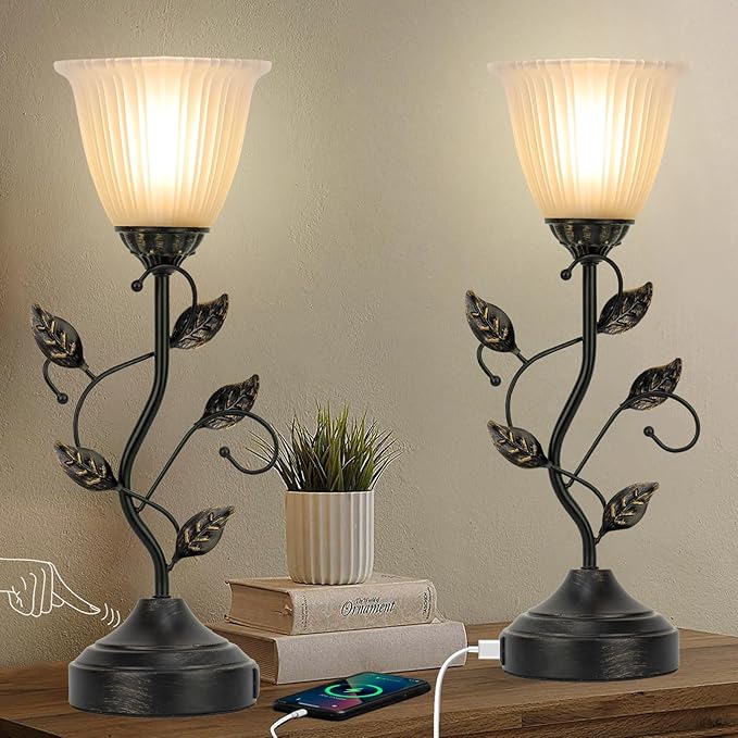 Touch Lamps for Nightstand Set of 2, Stripe Glass Shade Blossoming Bedside Lamp with USB A+C Charging Ports, Torchiere Table Lamp with Metal Leaf Base Decor Bedroom Living Room