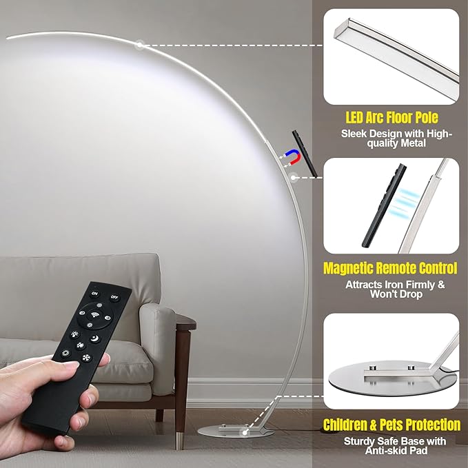 Dimmable LED Floor Lamp with 3 Color Temperatures, Ultra Bright 2000LM Brushed Nickel Arc Floor Lamps for Living Room, Modern Tall Lamp with Remote Control Reading Floor Lamp for Bedroom Office