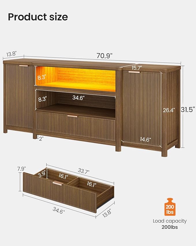 AOGLLATI Fluted TV Stand for Living Room, 71” Heavy-Duty TV Console Cabinet with Storage and Shelf, Mid Century Modern Television Stands with Drawers for 60/65/70/75/80 TV, Wood (Wood)