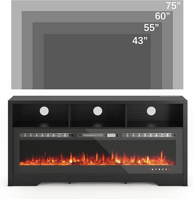 CharaVector Fireplace TV Stand with 60" Glass Electric Fireplace, Entertainment Center with Power Outlets for Up to 75" TVs, Black TV Cabinet with 3 Open Storage Cabinets, TV Console for Living Room