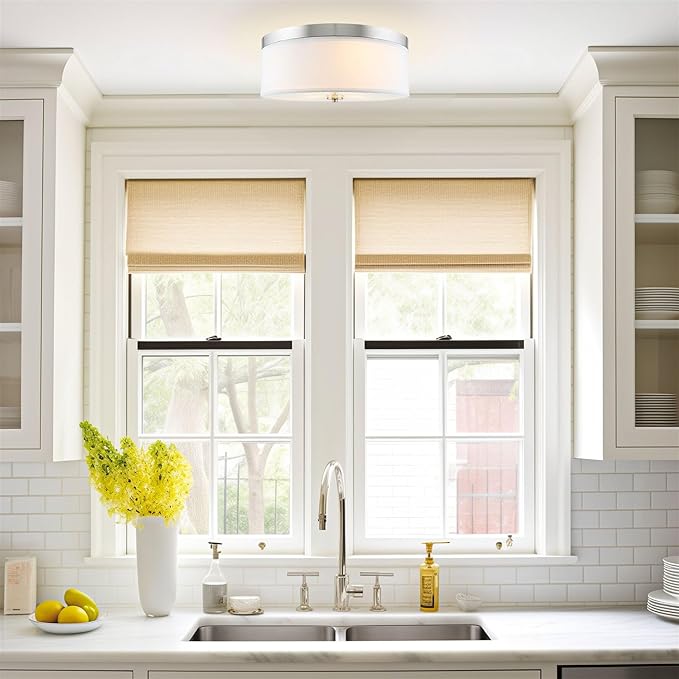 Kira Home Walker 20" Large Mid-Century Modern 3-Light Flush Mount Ceiling Light, White Fabric Shade + Round Glass Diffuser, Brushed Nickel Finish