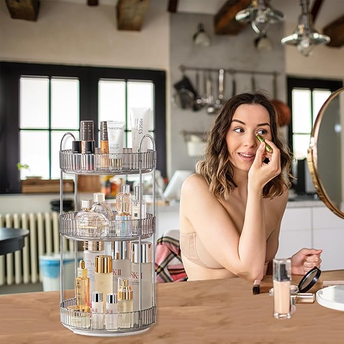 360 Rotating Makeup Organizer,3 Tier Large Capacity Make Up Organizers and Storage,Makeup Organizer for Bathroom,Cosmetic Perfume Stand Organizer(Grey-3 Tier)