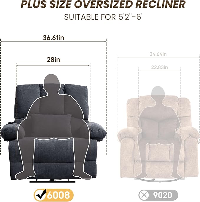 Oversized Power Recliner Chair 350lb with Hidable Cup Holders, Extra Wide Large Big Electric Recliner Chair with Lumbar Support Pillow Nursery Chair Living Room (Power, GREY-ET6008)