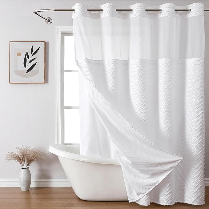 no Hook Shower Curtain and Liner Set，Boho Style with See Through Top Window, White Fabric Tufted Striped Textured Outer Curtain & Waterproof Inner Liner, White, 71Wx77H