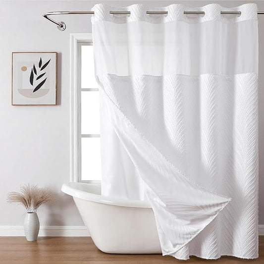 Long No Hook Shower Curtain and Liner Set,Boho Style with See Through Top Window,White Fabric Tufted Striped Textured Outer Curtain with Snap in Liner, White,71Wx80H