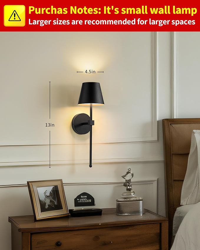 KDG Wireless Wall Sconces Set of 2, Small Cordless 5200mAh Rechargeable Battery LED Wall Lamps, Stepless Dimming Lightings for Wall Painting, Living Room, Bedroom, Hallway, Gifts, Night Light (Black)