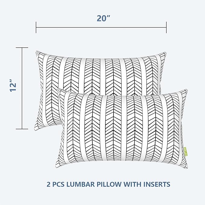 LVTXIII Set of 2 Patio Lumbar Pillows, 12”x20” Fade Resistant Outdoor Lumbar Pillow with Inners, Fluffy Decorative Garden Lumbar Cushions for Home Patio Coach Sofa Use, Herringbone Black White