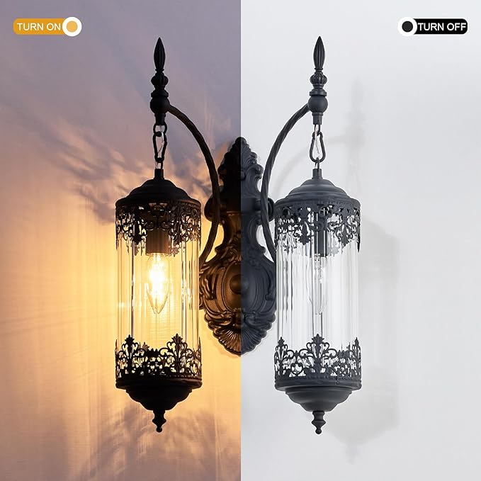 Rustic Glass Wall Sconce Vintage 2-Lights Antique Gothic Wall Light Fixture Retro Farmhouse Mid Centry Lantern Wall Sconce for Bedroom, Living Room, Mirror, Black, E12