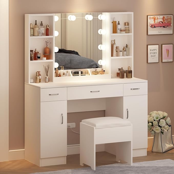 Vabches Makeup Vanity Desk with Lights, 3 Lighting Colors, White Vanity Set Makeup Table, Large Vanity with 3 Drawers, 2 Cabinets and Multiple Shelves, 45.2in