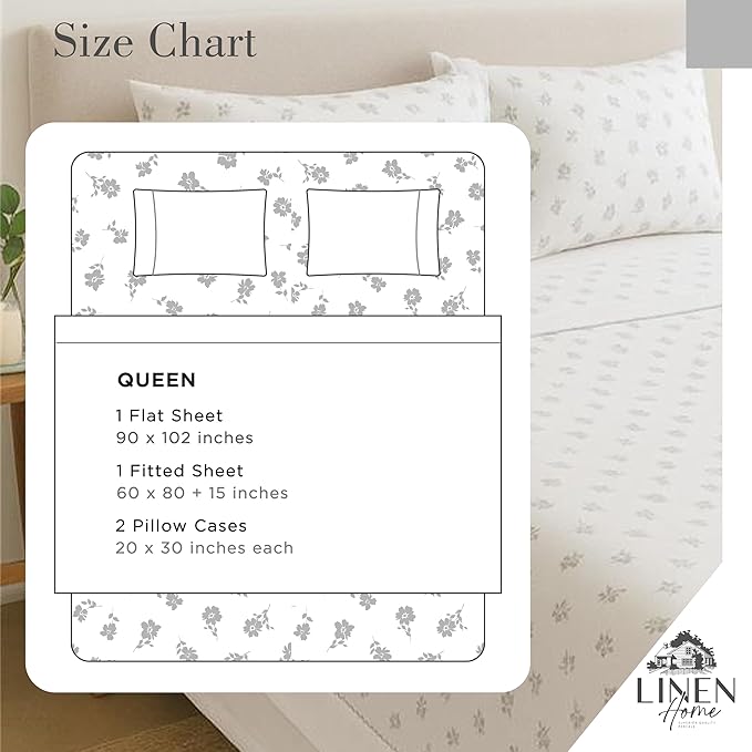 Linen Home 100% Cotton Printed Percale Sheets Queen Size, Deep Pocket, 4 Pieces Set - 1 Flat, 1 Deep Pocket Fitted Sheet and 2 Pillowcases, Crisp Cool and Strong Bed Linen, Grey Silhouette Floral