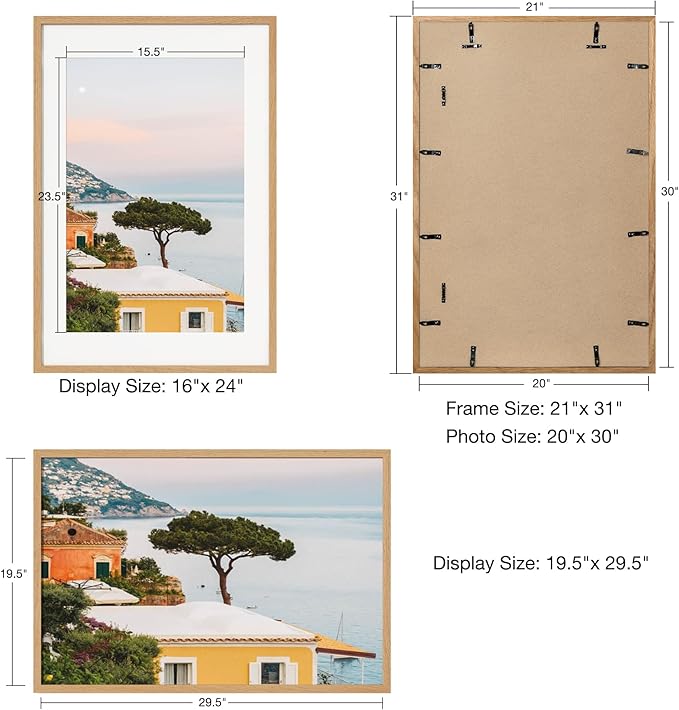 Axeman 20x30 Picture Frame with Mat for 16x24, Solid Oak Wood Poster Frame with Tempered Glass, Wooden 20''x30'' Minimalist Photo Frame with Wall Hooks Puzzle Frame, Set of 2, Natural