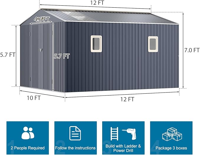 Restland 10x12 FT Outdoor Storage Shed Reinforced Frame Metal Shed with Clear Roof, Air Vent & Lockable Door Large Garden Tool Storage Sheds for Backyard, Garden, Lawn