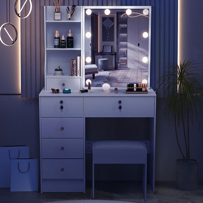 JBLCC Vanity Desk with Mirror and Lights, White Vanity with Lights, 3-Color Light Sliding Mirror, 6 Drawers & Open Shelves, Small Vanity Desk with Lighted Mirror for Bedroom