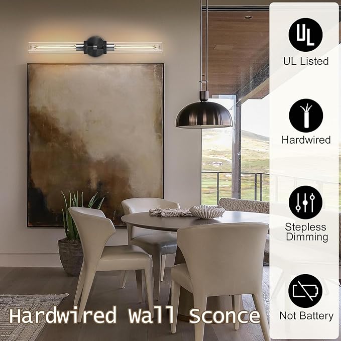 Black Wall Sconces Hardwired, 30" Bronze Wall Sconce for Bathroom, Linear Sconces Wall Lighting, 2-Light Knurled Wall Sconce Dimmable, Vanity Light with Tube Glass, Bathroom Light Fixtures over Mirror
