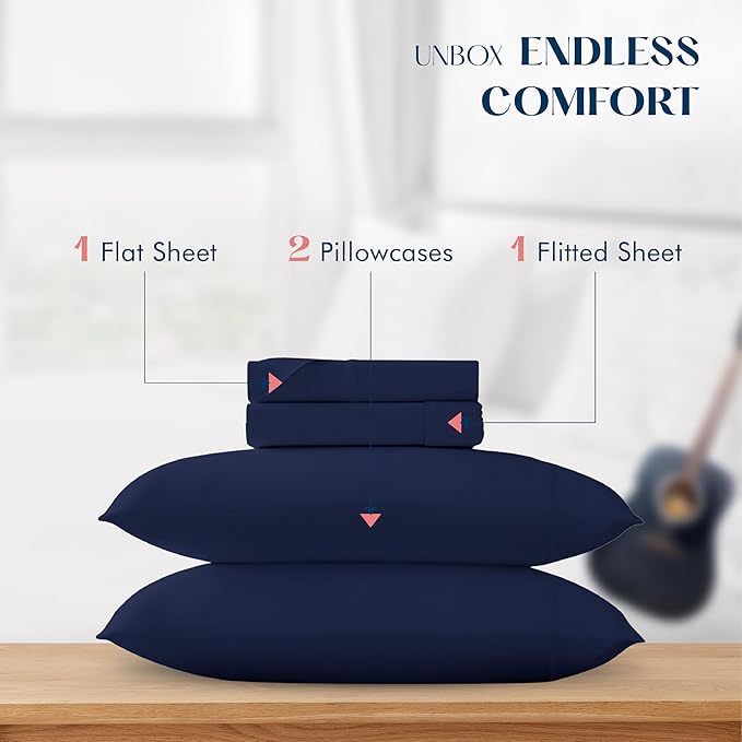 XOOX Linen King Sheet Sets Cotton - 500 Thread Count 100% Cotton King Sheets Set, 4 PC (Navy Blue), Luxury Soft, Cooling, Breathable 16" Deep Pocket Sateen Weave Hotel Bedsheets Set