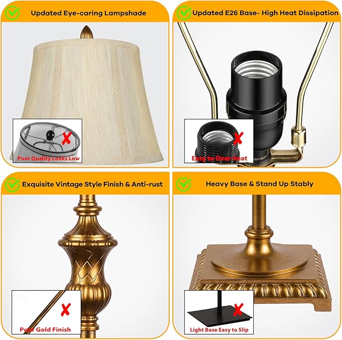 Gold Vintage Floor Lamp for Living Room, Traditional Mid-century Floor Lamp with Elegant Silk Fabric Lampshade, 64inch Tall Standing Lamp Bedroom LED Pole Lamp, Retro Stand Up Lamp for Home Office