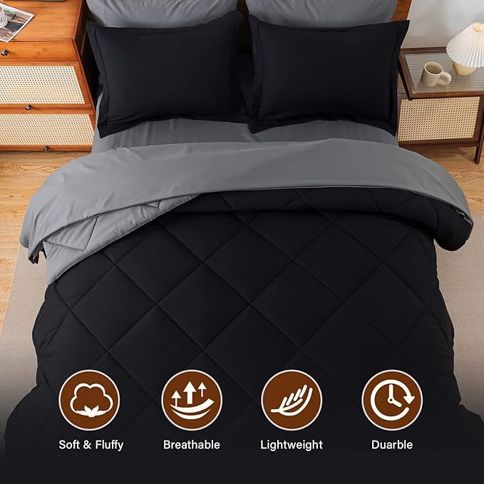 Cosybay Bed in a Bag King Reversible Comforter Sets 7pcs All Season Down Alternative Bedding Sets Black and Grey with Comforter, Pillow Shams, Flat Sheet, Fitted Sheet and Pillowcase