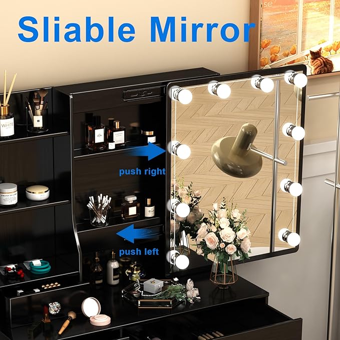 Black Vanity Desk with Mirror Lights, Makeup Vanity Table with 6 Drawers and Cabinet, Small Vanity Set with Chair Stool, 3 Modes Adjustable Sliding Mirror, Black Vanity for Bedroom