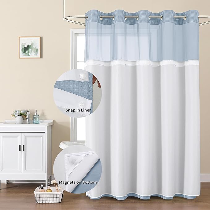 Colorful Star Small Stall Waffle Weave Shower Curtains, 256GSM Heavy Duty Shower Curtain with Snap in Fabric Liner, Hotel Style No Hook Waterproof Bathroom Curtain Set, 36 x 75 Inch, Fog Blue