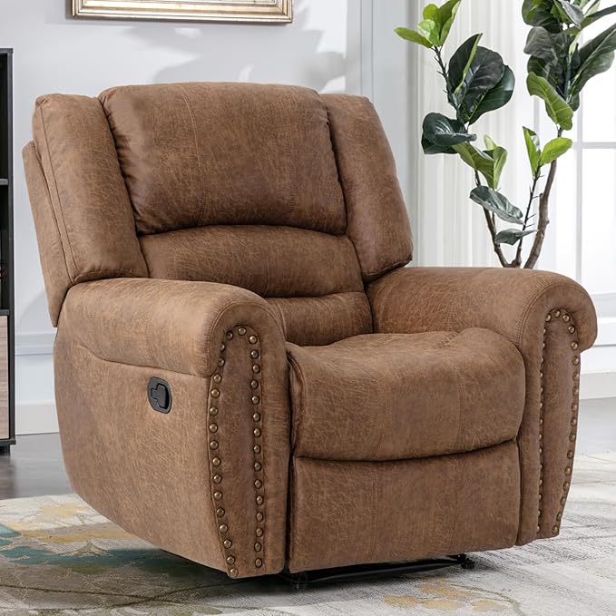 CANMOV Leather Recliner Chair, Classic Breathable Manual Recliner Chair with Comfortable Arm and Back Single Sofa for Living Room, Camel