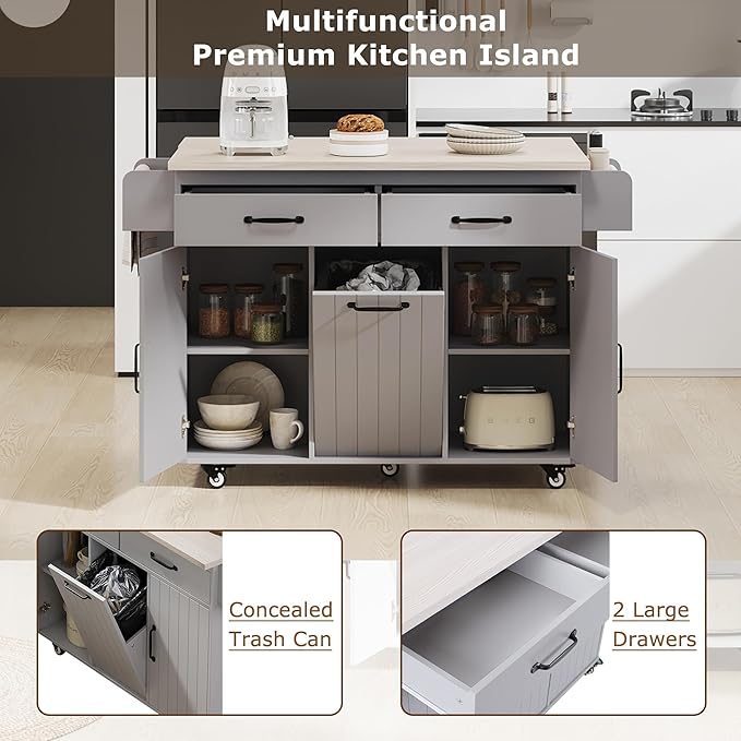 Kitchen Island with Storage & Drop Leaf, 51" Kitchen Rolling Island on Wheels with Spice Rack & Towel Rack, Kitchen Island Cart with Trash Can Storage, Grey