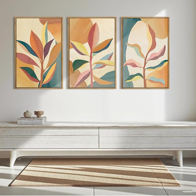 BINCUE Large Wood Tropical Palm Leaf Wall Art Set Boho Framed Wall Decor Nature Abstract Art Landscape Artwork for Living Room Bedroom Office 16x24 Inches