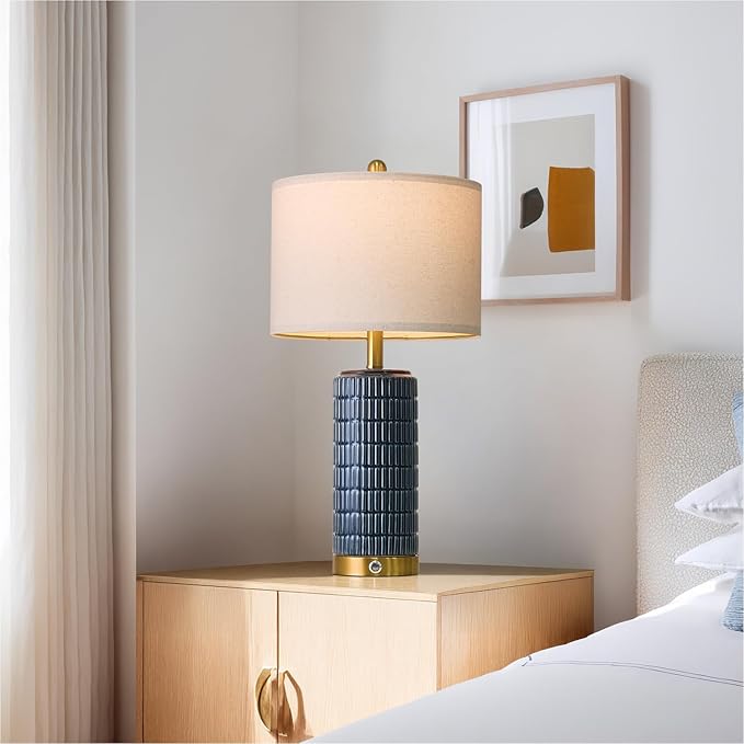 PoKat Touch Bedside Table Lamps with USB Ports for Bedroom, 25'' Dimmable Nightstand Touch Lamps for Living Room, Blue Ceramic Lamps with Gold Base for Night Stands Bedroom, Nursery, Dark Blue