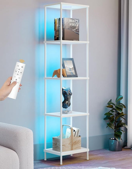 Display Shelf with RGBCW Light, Color Changing Curio Cabinet Floor Lamp with Shelves Corner Standing Column Lamp Etagere Organizer Tower Nightstand Bookcase for Living Room Bedroom Office Décor White