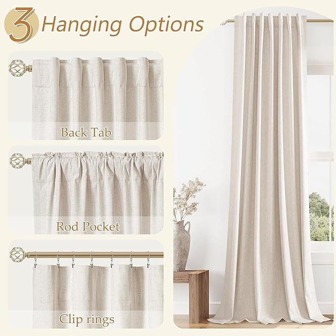 Guken Linen Blackout Curtains 63 Inch Length 2 Panels Set for Living Room Bedroom Back Tab Thermal Insulated 100% Black Out Linen Drapes Room Darkening Window Curtains 40 Wide