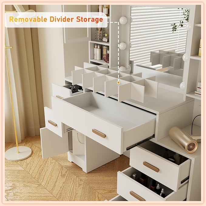 DYHOME Makeup Vanity Desk with Mirror and Lights & Charging Station, White Vanity Desk with 3 LED Light Modes, Make up Vanity Table with 7 Drawers & 3 Cabinets for Bedroom