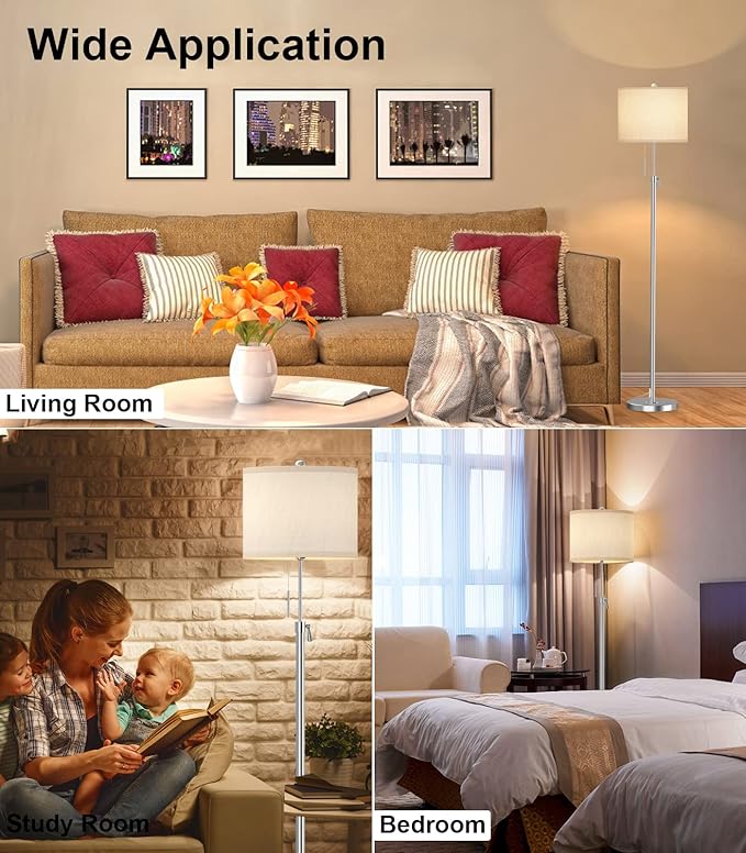 Brushed Nickel Floor Lamp for Living Room, Adjustable Height Standing Lamp with Metal Base, 3-Way Dimmable Tall Pole Light with White Linen Shade for Bedroom, Pull Chain Switch, 6W LED Bulb Included