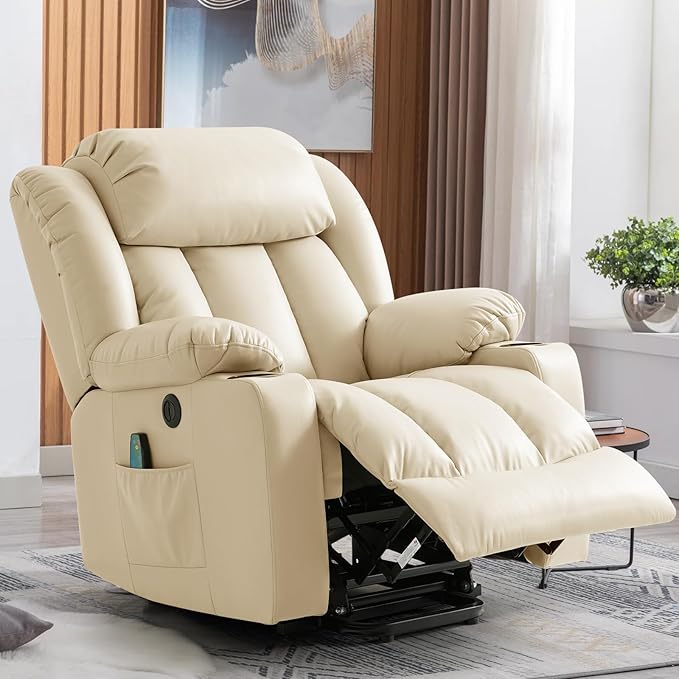Power Lift Recliner Chair for Elderly, Electric Recliner Chairs for Adults with Massage and Heat, Cup Holders, Remote Control, USB Ports, Side Pockets, Leather (Cream)