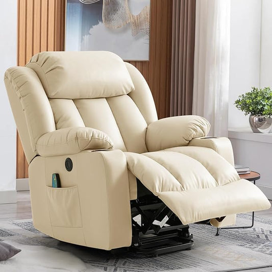 Power Lift Recliner Chair for Elderly, Electric Recliner Chairs for Adults with Massage and Heat, Cup Holders, Remote Control, USB Ports, Side Pockets, Leather (Cream)