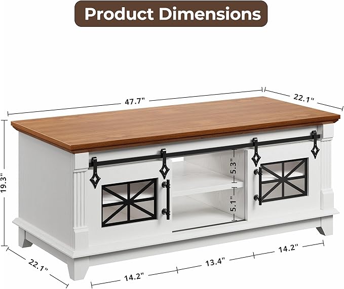 IRONCK 48'' Coffee Table with Sliding Barn Doors, Rustic Center Table with 6 Large Storage Space, Glass Doors and Adjustable Middle Shelf, Farmhouse Coffee Tables for Living Room, White