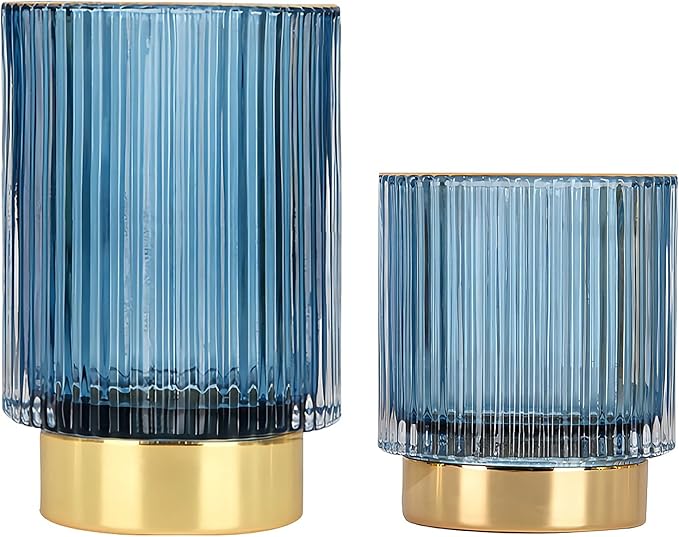 DASITON Makeup Brush holder Organizer,Crystal Cosmetic Makeup Brush Glass Brushes Storage Holder, Vintage Make Up Brush Cup Pen Pencil Holder striped vase(Blue S+L)