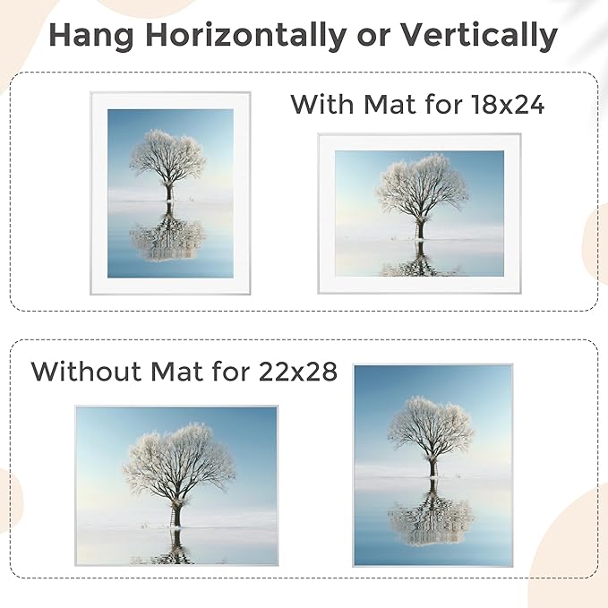 22x28 Metal Picture Frame For Wall With Mat For 18x24, 22''x28'' Aluminum Photo Frames With Tempered Glass, Minimalist Modern Poster Frame Horizontal And Vertical Formats, Silver