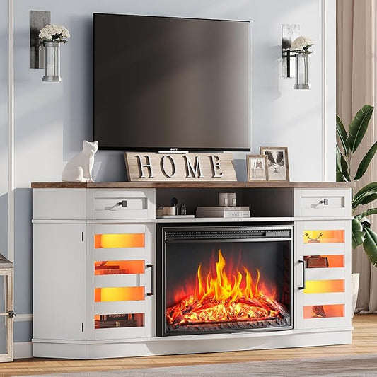 AMERLIFE 70" Farmhouse Fireplace TV Stand with 36'' Curved Electric Fireplace, LED Media Console with 2 Drawers & Adjustable Shelves, Fits 80'' TVs, White+Barnwood