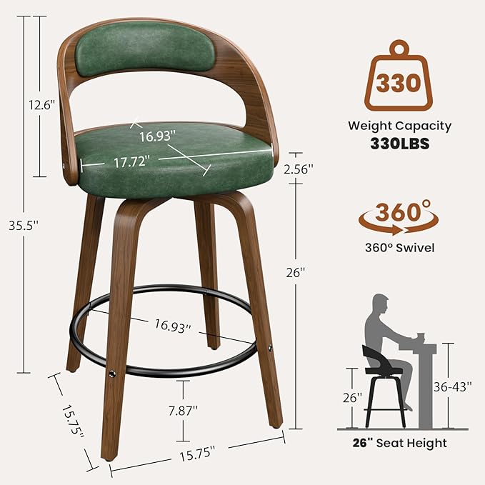 Swivel Bar Stools Set of 6, 26" Counter Height Bentwood Barstool, Mid-Century Modern PU Leather Upholstered Bar Chair with Back and Footrest, for Kitchen Island, Bar, Cafe, Dining Room, Green