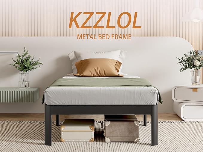 Twin Size Bed Frames 14 Inch, Metal Twin Bed Frame No Box Spring Needed, DIY Headboard Holes, Heavy Duty Steel Support 3500 LBS, Noiseless, Round Corner Leg, Storage Space, Easy Assembly, Black