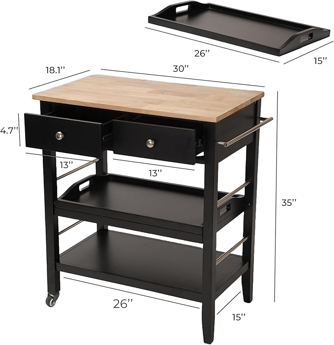 Rolling Kitchen Island Cart, Black Kitchen Cart with Rubberwood Top, Ample Storage Drawers, Adjustable Shelves, Utility Cart with Wheels for Small Kitchens, 35” Height