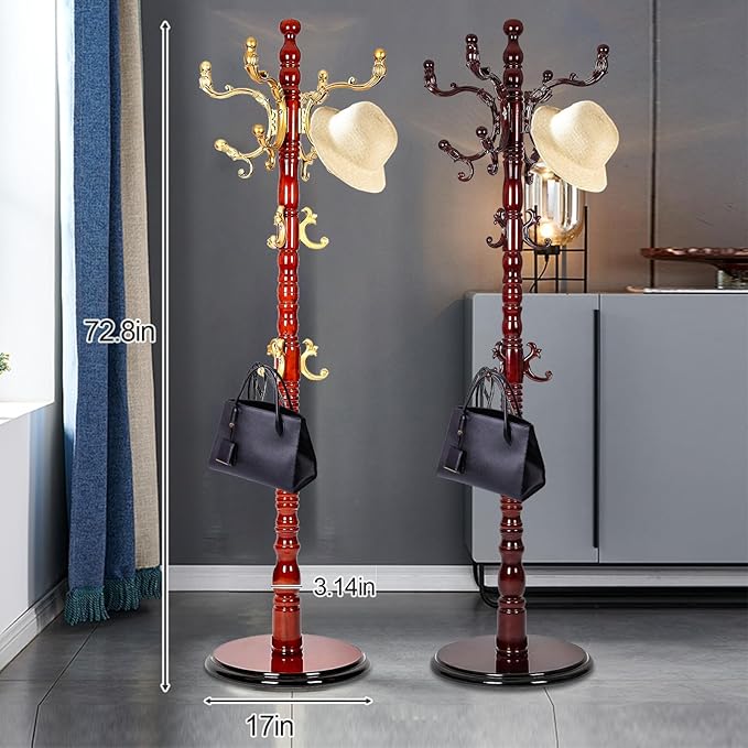 Wooden Coat Rack Stand, High-Grade Coat Racks freestanding with 14 Hooks & Stable disc Base, Easy to Assemble Coat Hanger Stand, for Entryway, Hallway, Bedroom and Office (Begonia)